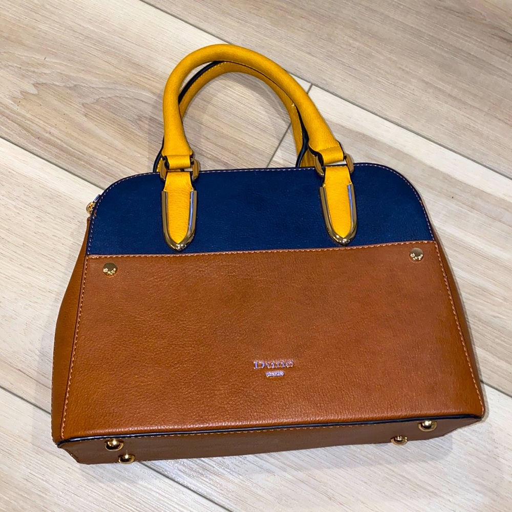 EUC Dune Brand Satchel Purse Brown Navy & Mustard Colors with Gold Trim